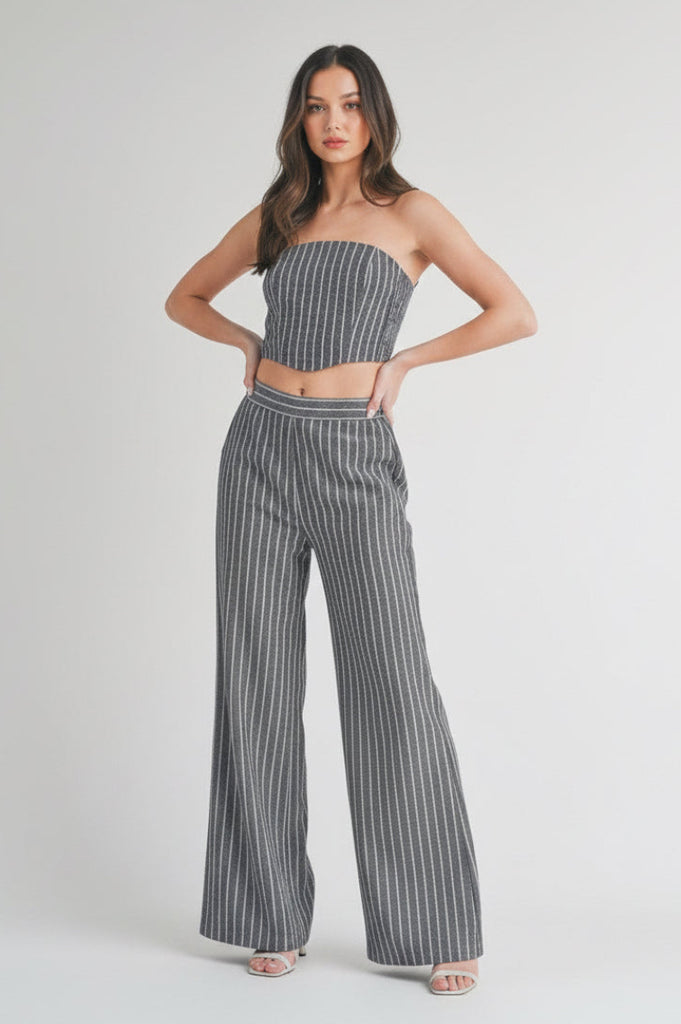 Pinstripe City Chic strapless crop top and wide leg pant suit