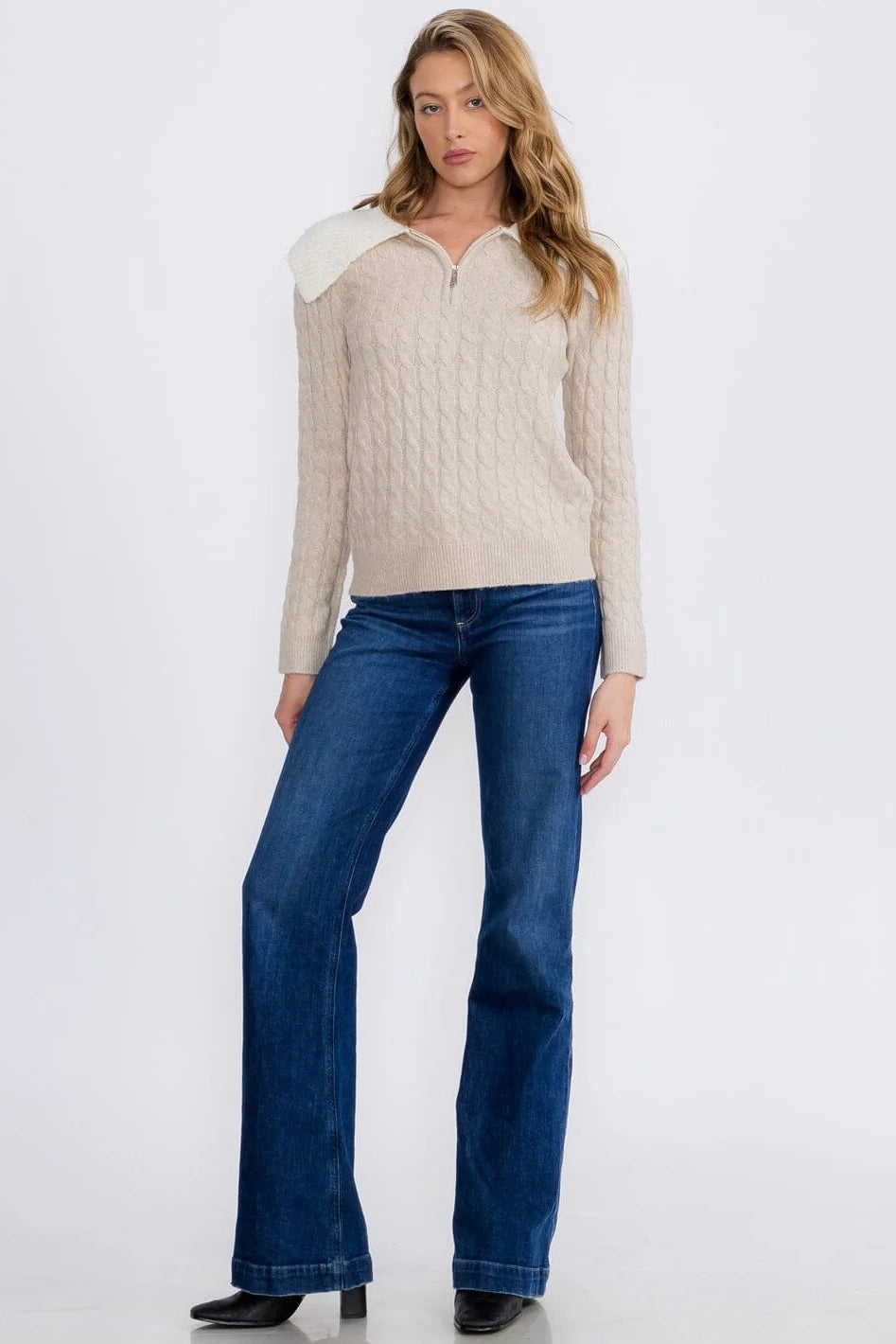 Cable knit zip-up sweater back view