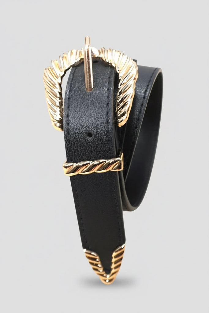 Faux leather belt with carved western buckle detail
