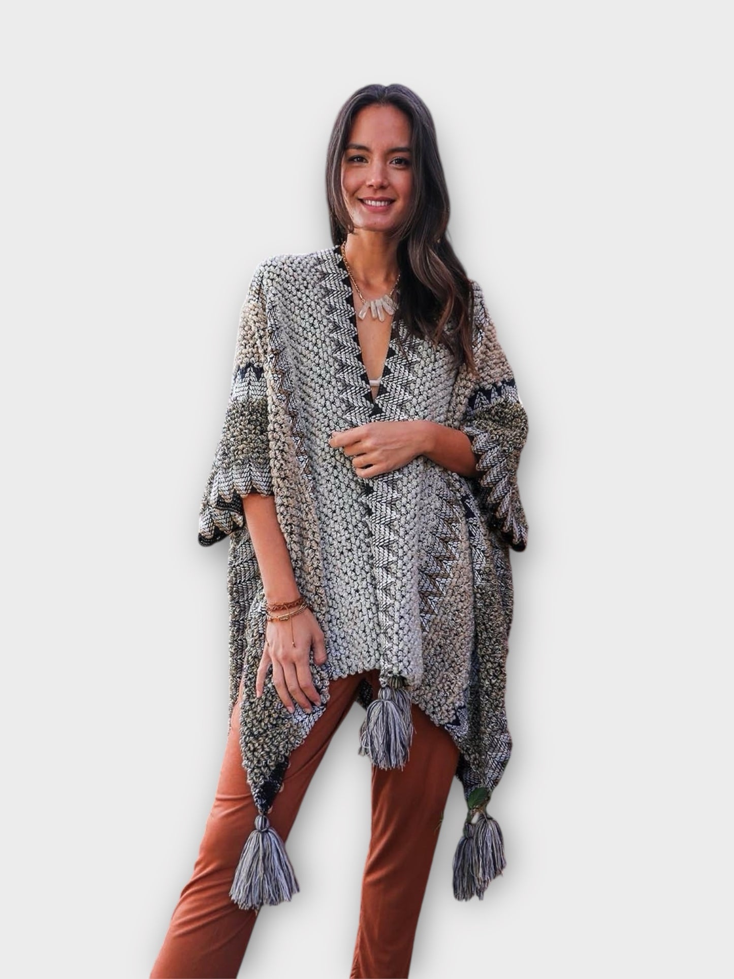Colorful Sunset Draped Tassel Crochet  Ruana