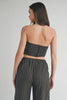 Strapless crop top and wide leg pinstripe pants