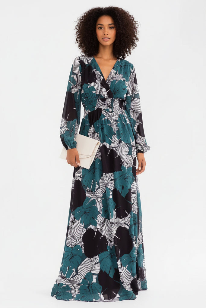 Monaco Palm wrap flow maxi dress with palm print