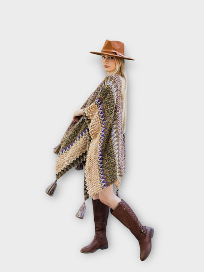 Colorful Sunset Draped Tassel Crochet  Ruana
