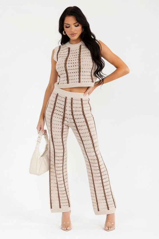 Sunset Mocha Sleeveless Knit Crop Top & Wide Leg Pants Set