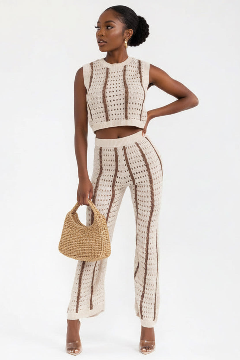 Sunset Mocha Sleeveless Knit Crop Top & Wide Leg Pants Set