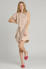 Sandstone swing pleated dress satin round neck