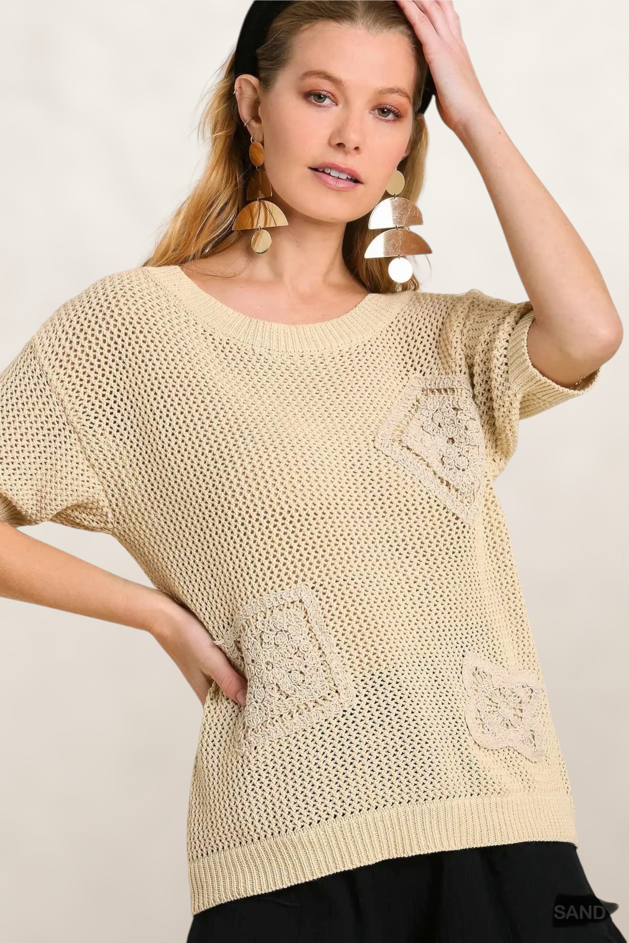 Coastal Crochet Applique Detail Knit Pullover Top