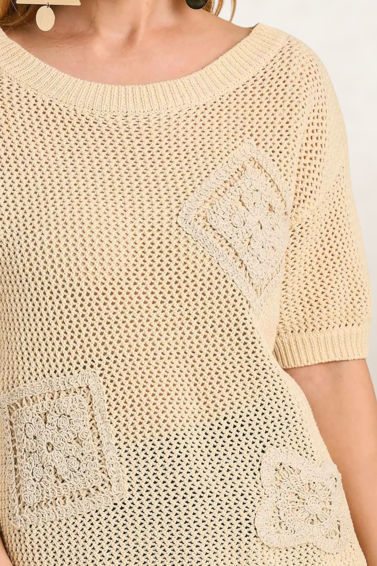 Coastal Crochet Applique Detail Knit Pullover Top