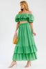 Emerald ruffle crop top with flowing tiered skirt