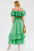 Off-shoulder emerald crop top and tiered maxi skirt