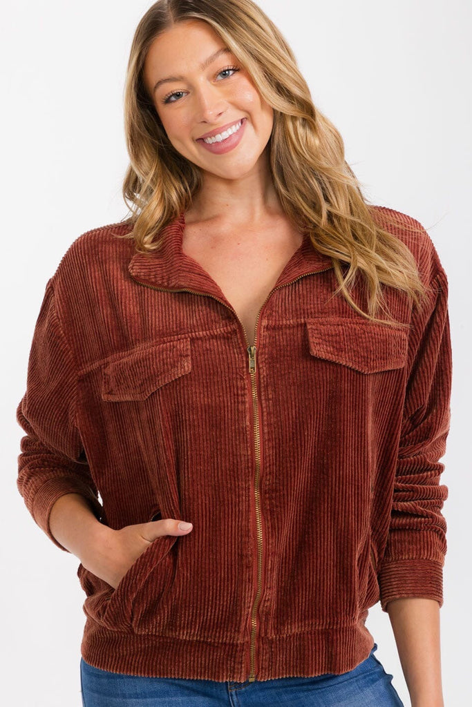 Corduroy zip bomber jacket close up