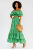 Emerald Breeze off-shoulder ruffle crop top and tiered maxi skirt