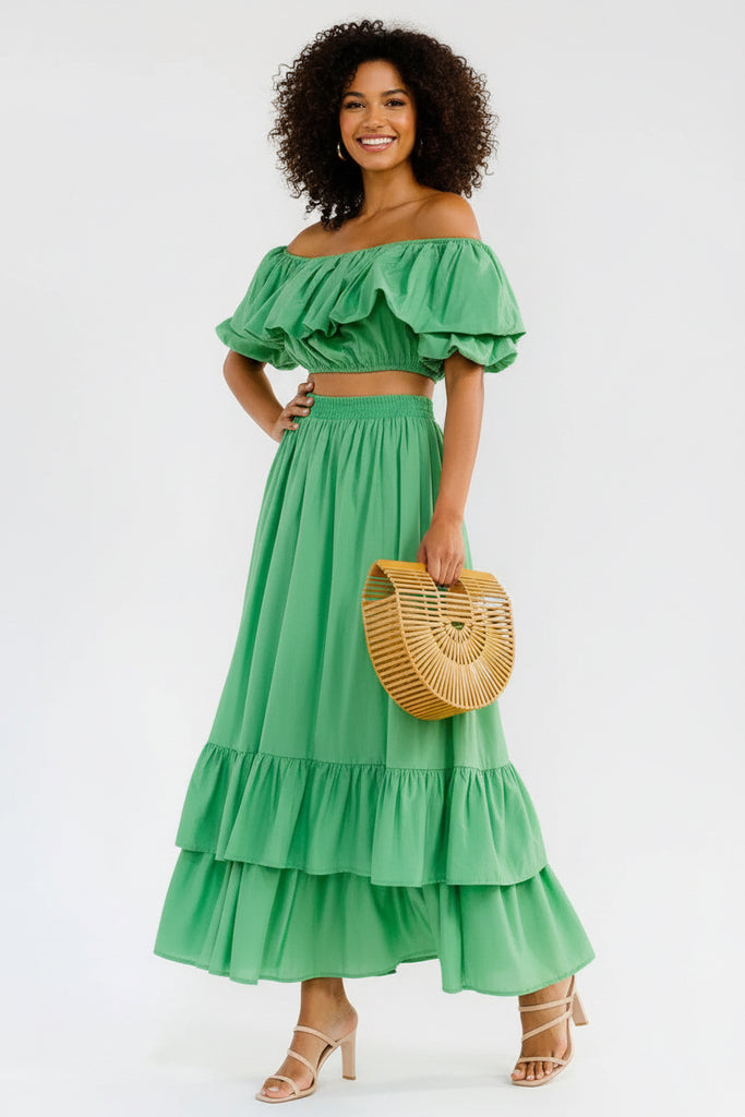 Emerald Breeze off-shoulder ruffle crop top and tiered maxi skirt