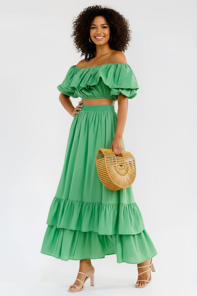 Emerald Breeze Off- Shoulder Ruffle Crop Top & Tiered Maxi Skirt