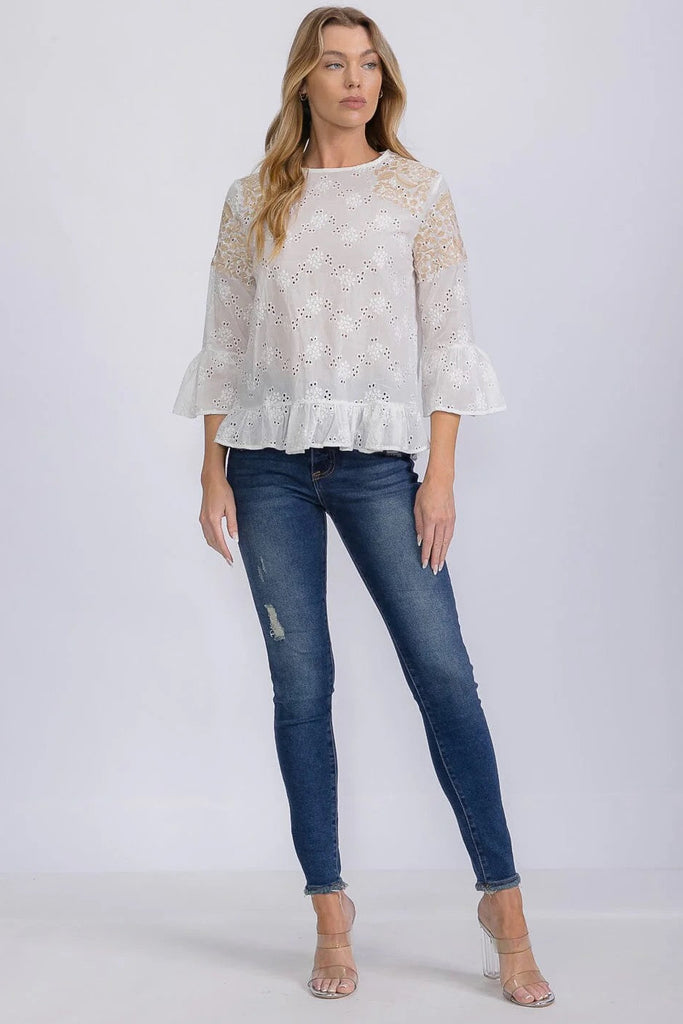 Sunlit eyelet embroidery tiered bell sleeves blouse