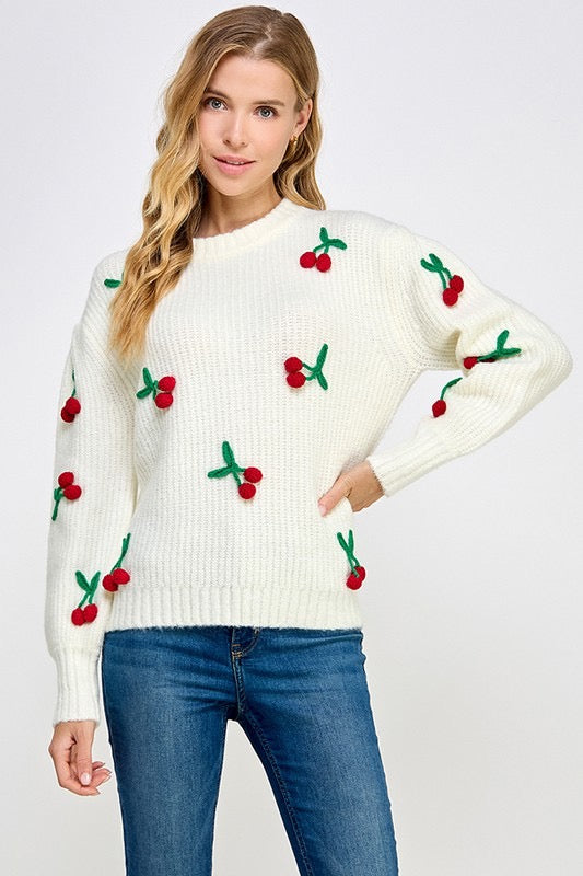 Cherry Bombshell 3D Knit Oversized Pullover Sweater