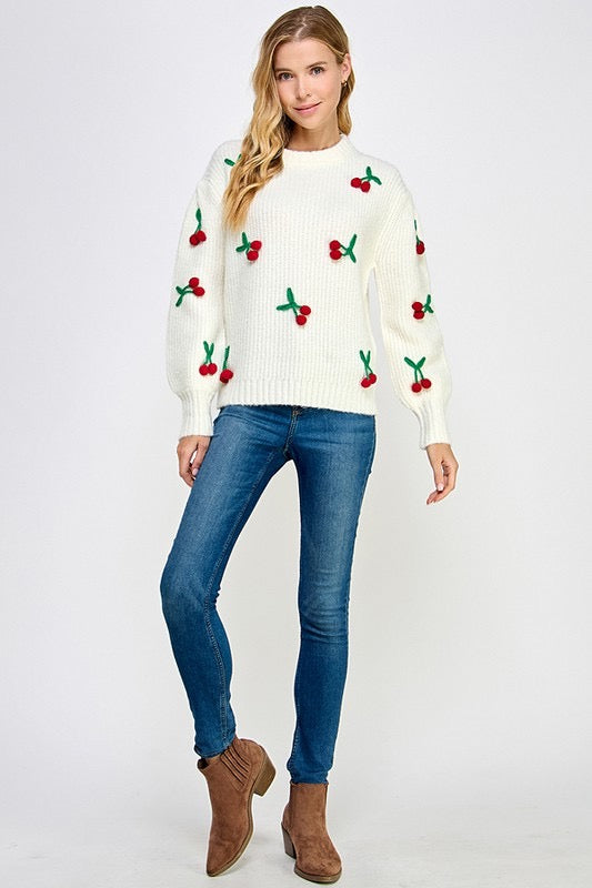 Cherry Bombshell 3D Knit Oversized Pullover Sweater