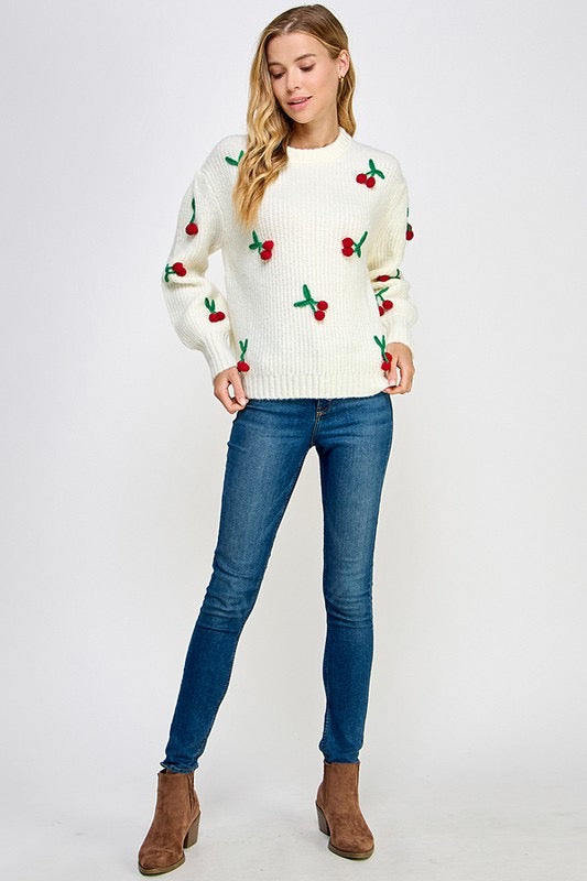 Cherry Bombshell 3D Knit Oversized Pullover Sweater