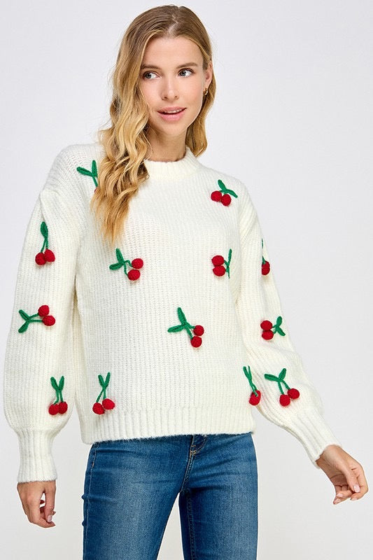 Cherry Bombshell 3D Knit Oversized Pullover Sweater
