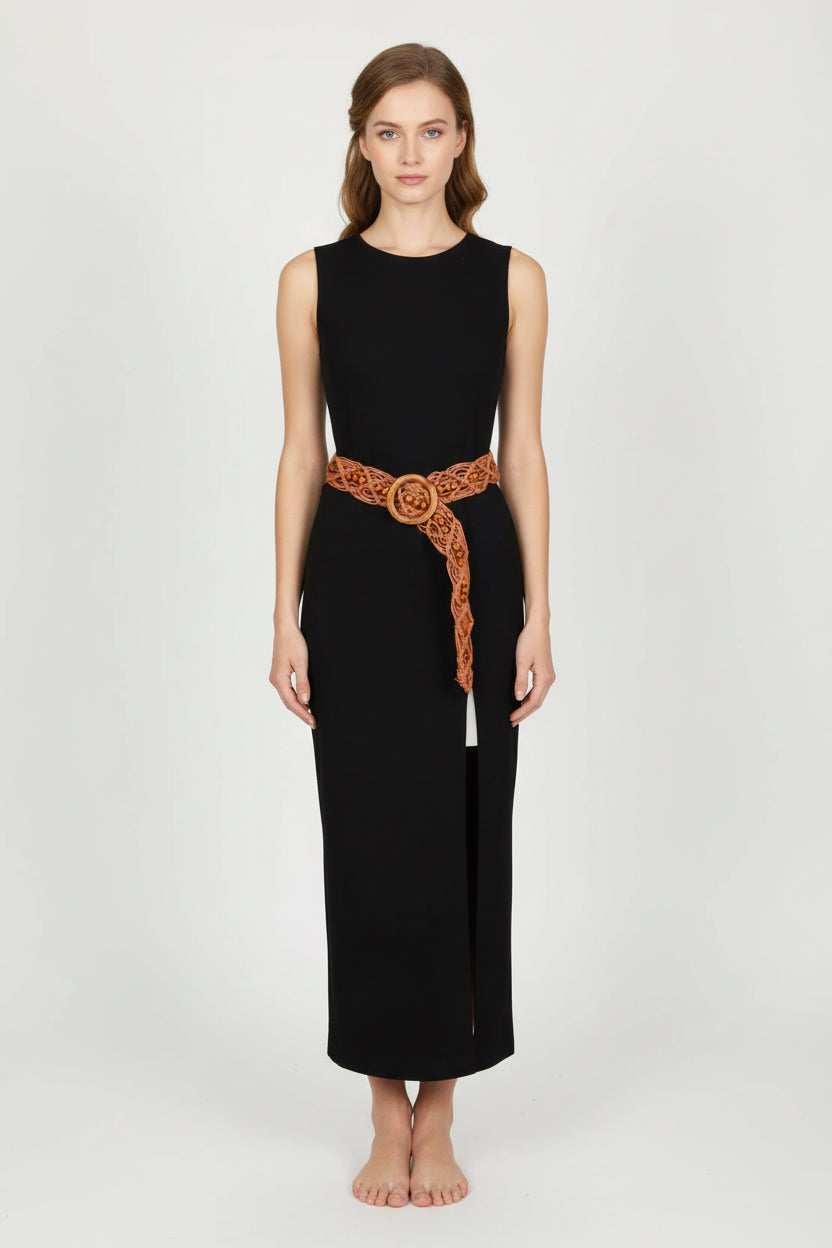 MACRAMUSE BEADED BROWN WOODEN BUCKLE BELT