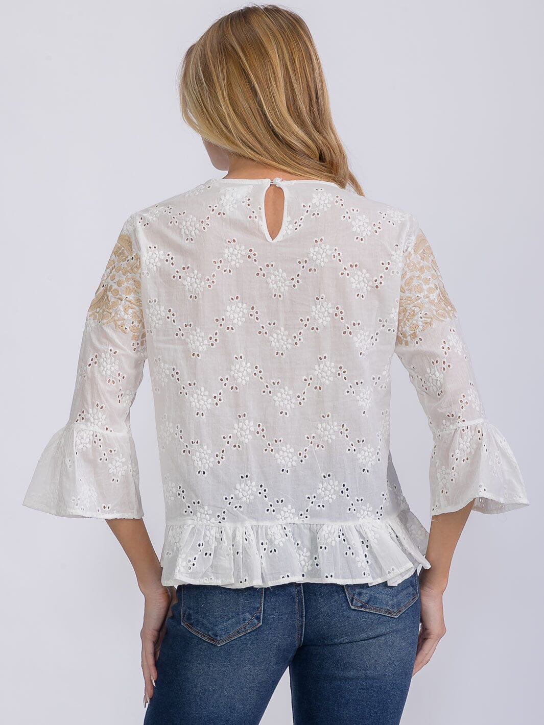 Sunlit Eyelet Embroidery Tiered Bell Sleeves Blouse