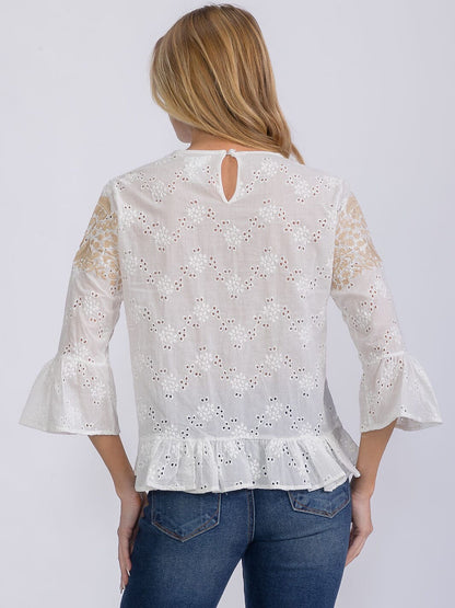 Sunlit Eyelet Embroidery Tiered Bell Sleeves Blouse