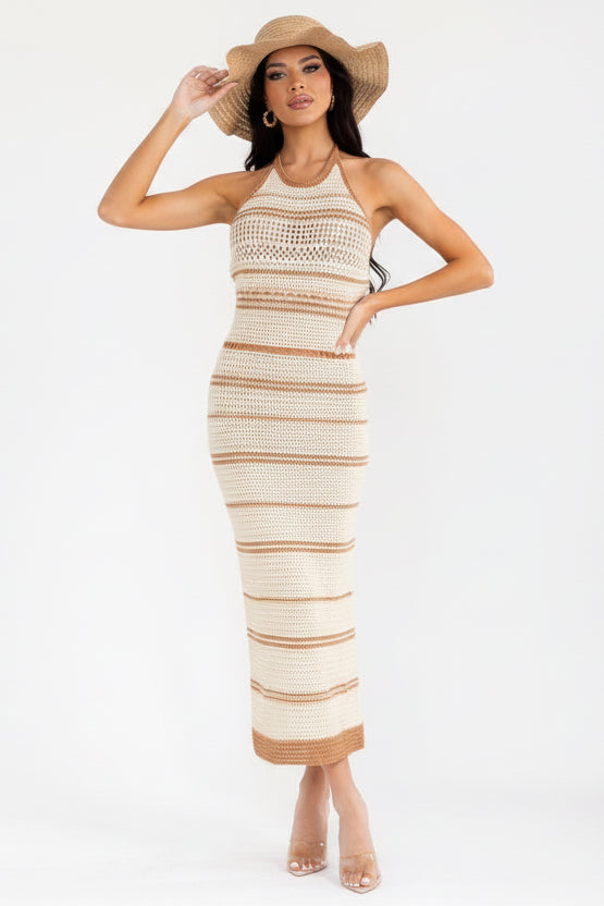 Golden Sands knit crochet striped halter midi dress