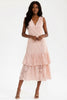 Blush lace tie-shoulder tiered midi dress