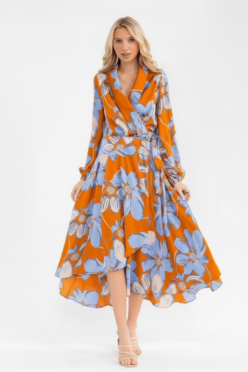 Sunset Bloom High-Low Wrap Dress