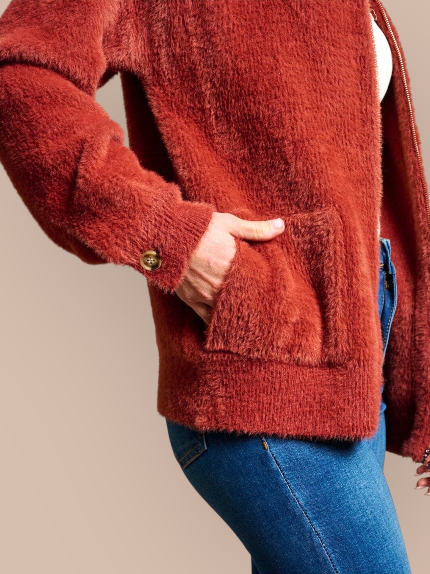 Amber Horizon Eyelash Zip Up Sweater Jacket
