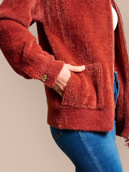 Amber Horizon Eyelash Zip Up Sweater Jacket