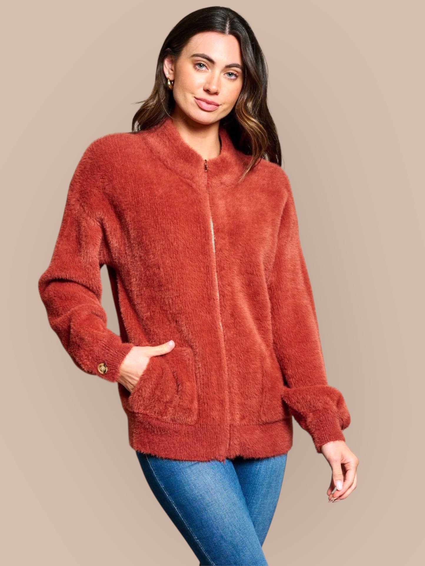 Amber Horizon Eyelash Zip Up Sweater Jacket