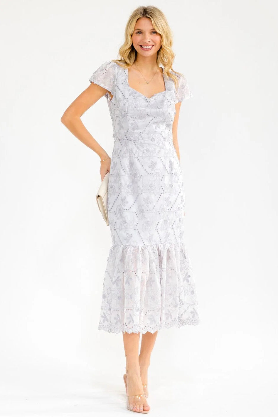Everly Bloom Ruffle Floral Embroidery Midi Dress