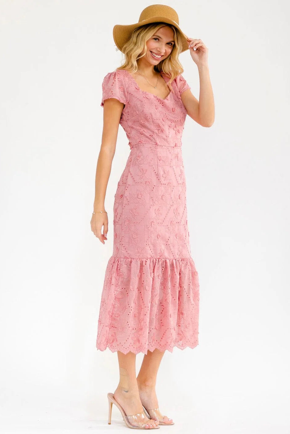 Everly Bloom Ruffle Floral Embroidery Midi Dress