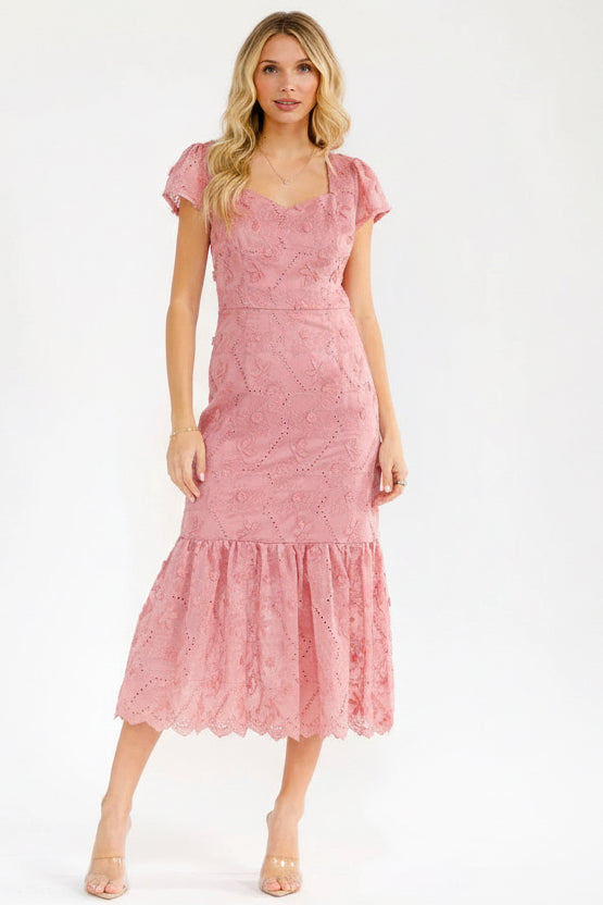 Everly Bloom Ruffle Floral Embroidery Midi Dress
