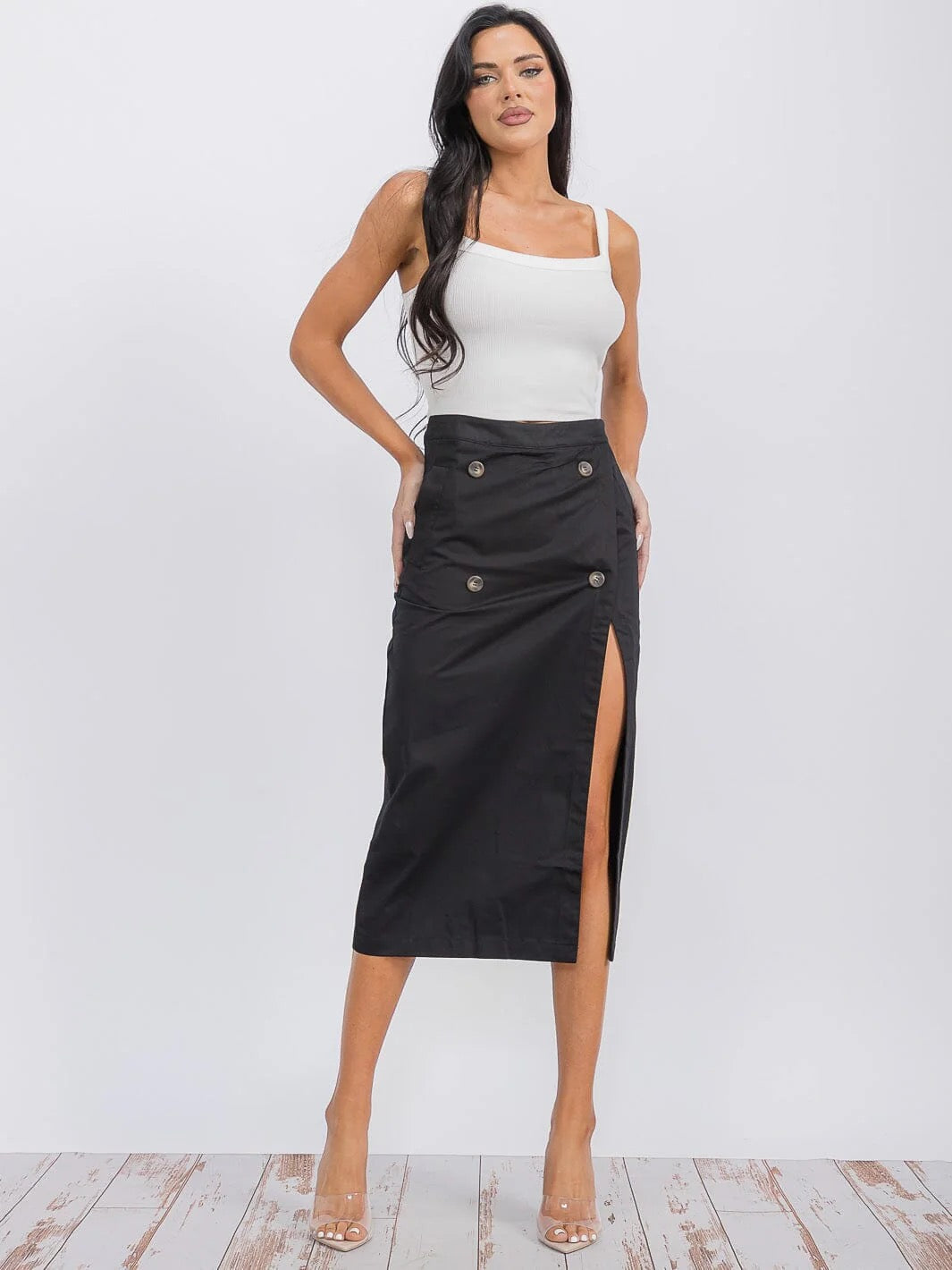 Cinderlane Side Slit Zipper Midi Skirt