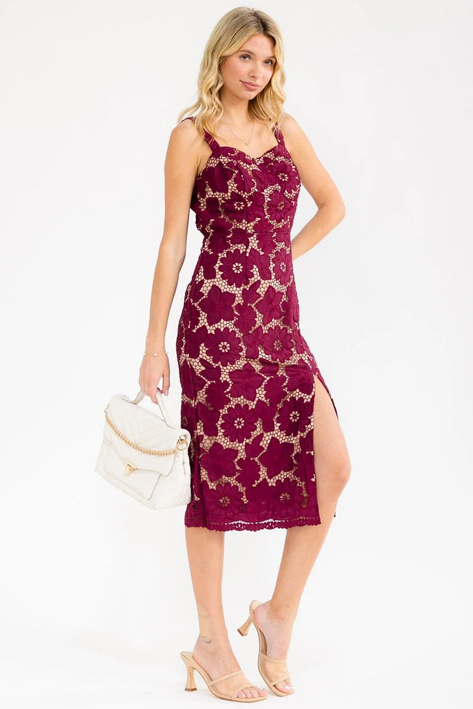 Wine Blossom Lace Front -Slit Midi Dress