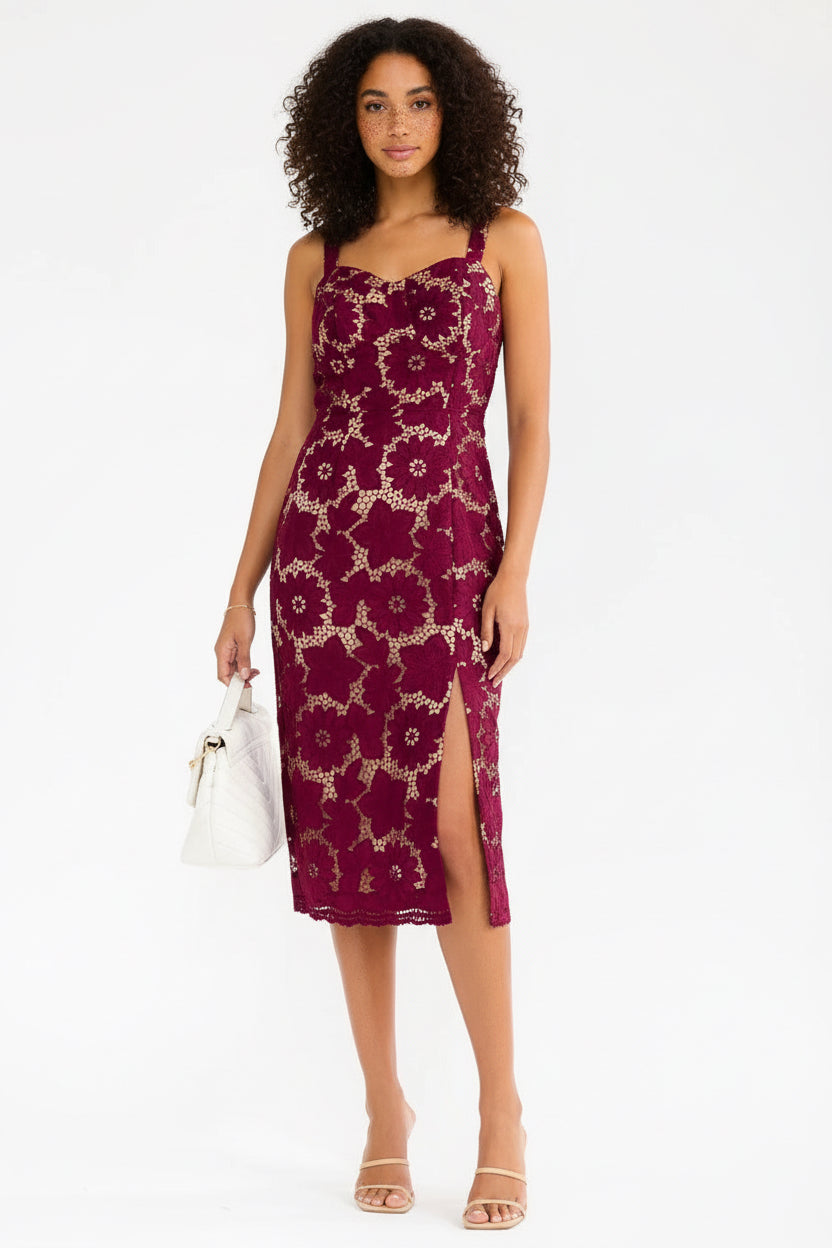 Wine Blossom Lace Front -Slit Midi Dress