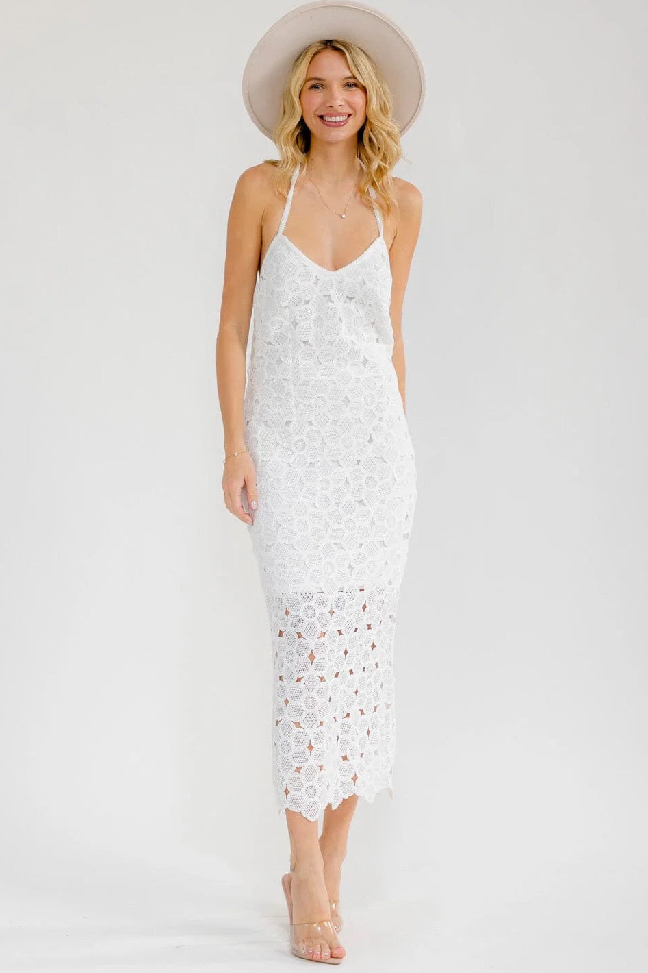 Coastal Crochet Halter Bodycon Midi Dress