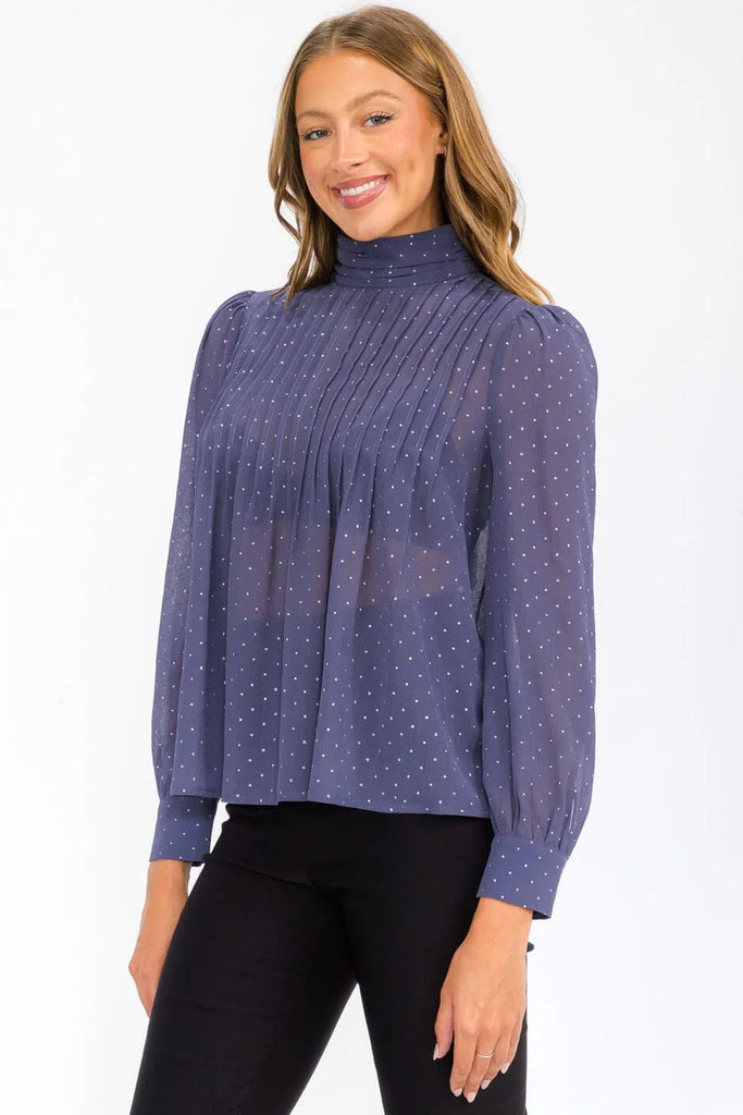 Shimmer finish high neck blouse styled