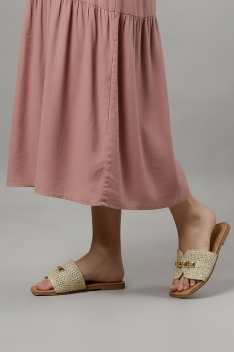 RAFFIA RADIANCE BOHO GOLD STUD SANDALS