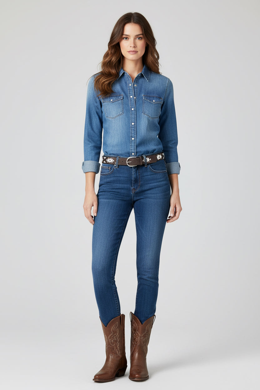 SADDLE STITCH BOHO WESTERN EMBROIDERED BELT W/SILVER BUCKLE