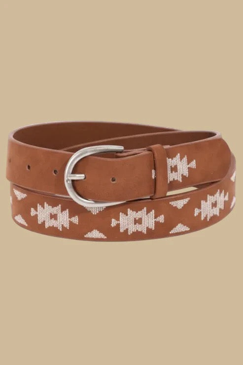 SADDLE STITCH BOHO WESTERN EMBROIDERED BELT W/SILVER BUCKLE