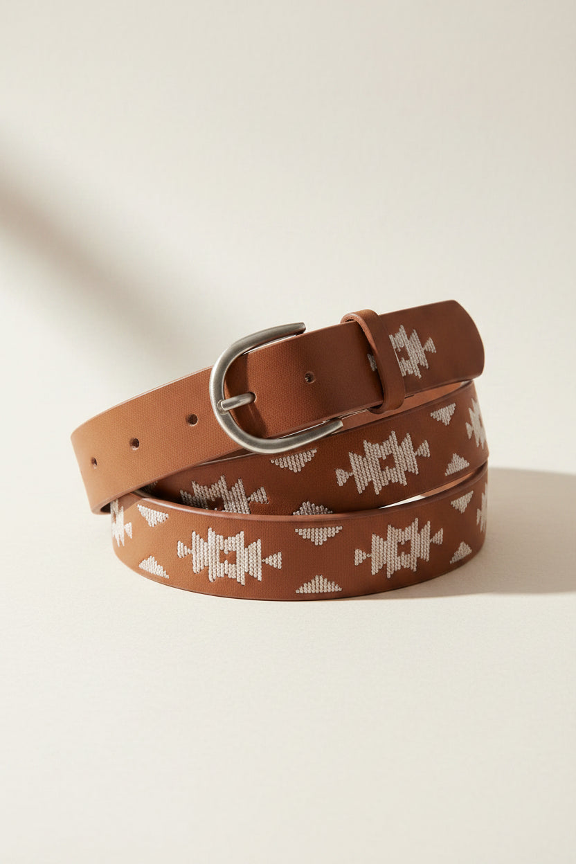 Vegan leather embroidered belt with silver buckle