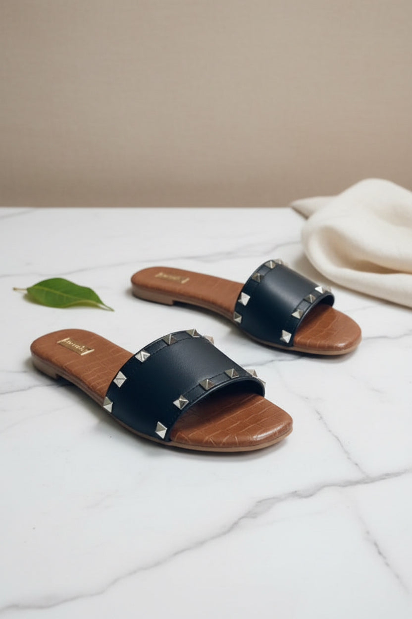 STELLA STUD BLACK & GOLD CROCODILE SOLE SLIPPERS