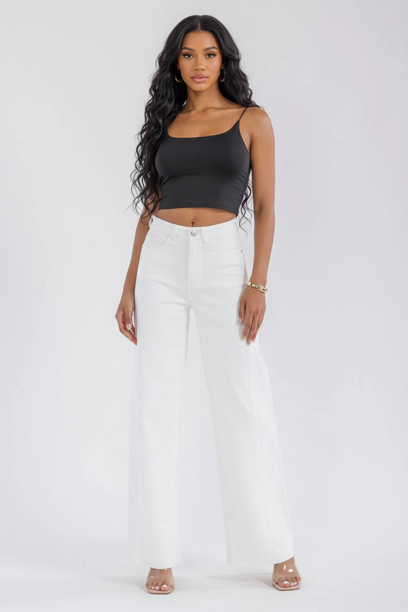 The Weekend Muse Button, Pocket Wide Leg Raw Hem Jeans