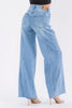 Wide leg jeans with button and raw hem detail