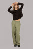 Olive green wide-leg cargo pants with elastic waist