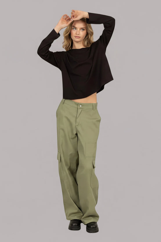 Olive green wide-leg cargo pants with elastic waist