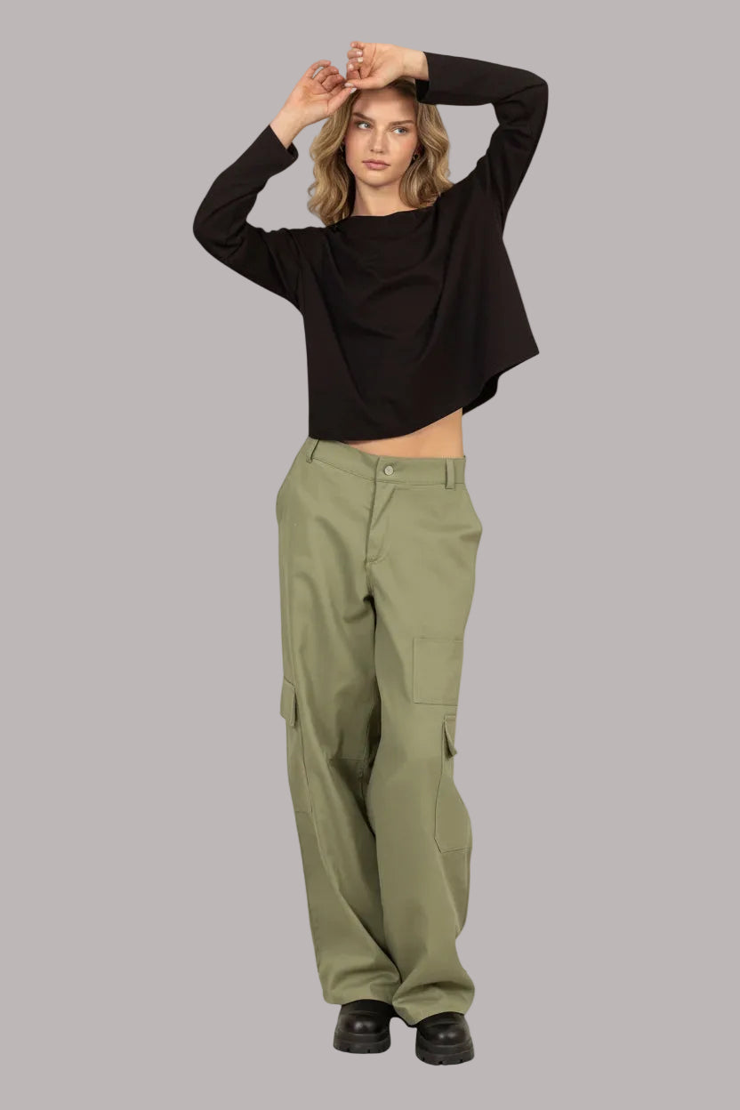 Elastic Waist Wide - Leg Cargo Pants